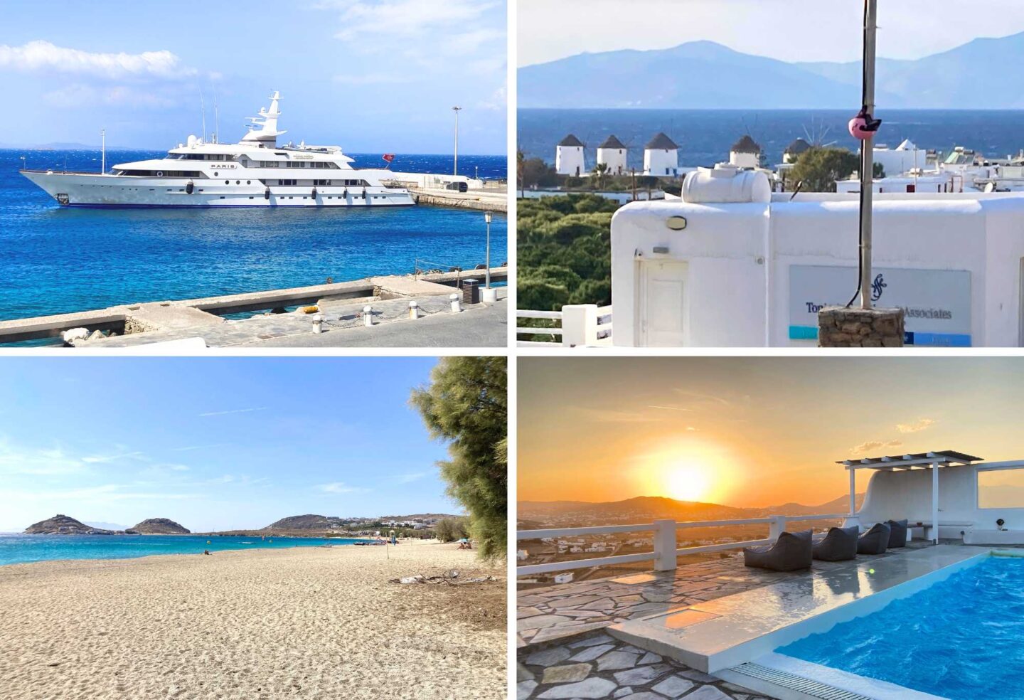 Mykonos - high Society und Partyinsel, deshalb auch gehobene Preise. Viele Kreuzfahrtsschiffe und viel Tourismus. Als An-und Abfluginsel für die Weiterreise auf Kykladeninseln, wie Naxos, Paros, Syros, Tinos sehr gut geeignet.